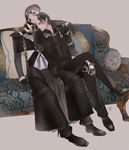  bad_id bad_pixiv_id black_gloves black_hair brown_hair capelet chain collared_shirt couch crossed_legs final_fantasy final_fantasy_xv formal glasses gloves hair_slicked_back head_on_shoulder ignis_scientia male_focus multiple_boys nobingo noctis_lucis_caelum older pauldrons pillow robe scar shirt sitting sleeping spoilers visor 