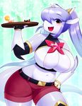  2016 3mangos anthro belt beverage big_breasts blush breasts cleavage clothed clothing female fingerless_gloves fish gloves hair holding_object long_hair looking_at_viewer marine navel open_mouth purple_hair shark solo tilly_(ddas) tray 