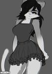  anthro clothed clothing feline female fur greyscale hair looking_at_viewer mammal monochrome smile solo tsudamaku 