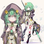  asymmetrical_legwear blush boots cloak commentary_request flower gem green_eyes green_hair hair_flower hair_ornament hood magia_record:_mahou_shoujo_madoka_magica_gaiden magical_girl mahou_shoujo_madoka_magica natsume_kako ribbon shino_(eefy) skirt smile weapon 