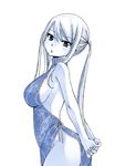  1girl bare_legs blonde_hair breasts chinese_clothes curvy dress eyebrows_visible_through_hair fairy_tail female hair_between_eyes large_breasts long_hair looking_at_viewer lucy_heartfilia mashima_hiro monochrome no_bra official_art simple_background solo 