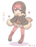  2018 :d bangs bird_tail black_footwear black_hair boots brown_footwear brown_hairband brown_sweater buttons character_name colo_(frypan_soul) dated dodo_(kemono_friends) empty_eyes eyebrows eyebrows_visible_through_hair feathers full_body fur_collar fur_trim gradient grey_skirt hair_between_eyes hairband heart hood hood_down japari_symbol kemono_friends legs_together looking_at_viewer miniskirt multicolored multicolored_clothes multicolored_footwear multicolored_hair no_nose open_mouth pantyhose pink_hair pink_legwear pleated_skirt poncho shadow short_hair simple_background skirt smile solo sweater tail tareme tongue two-tone_hair white_background yellow_eyes 