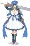  arm_at_side arm_up armband bag black_legwear blue_hair blue_hat blue_ribbon breasts cleavage closed_mouth covered_nipples dress full_body hat hat_ornament heart heart_print highres holding holding_sword holding_weapon huge_breasts huge_weapon jewelry kneehighs long_hair long_sleeves looking_at_viewer masao necklace original pendant red_eyes ribbon shoes simple_background sleeves_past_wrists smile solo standing sword weapon white_background white_dress white_footwear 