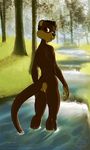  2018 anthro brown_eyes brown_fur butt_pose day detailed_background digital_drawing_(artwork) digital_media_(artwork) forest fur grass kittydee male mammal mustelid nude otter outside partially_submerged solo standing tree water 
