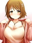  breasts brown_eyes brown_hair cleavage commentary_request eyebrows_visible_through_hair flower hair_flower hair_ornament highres idolmaster idolmaster_cinderella_girls jewelry large_breasts mimura_kanako necklace sakaki_imasato short_hair solo 