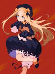  abigail_williams_(fate/grand_order) absurdres arutera banned_artist black_bow black_dress black_footwear black_hat black_ribbon bloomers bow bug butterfly dress fate/grand_order fate_(series) hair_bow hat highres holding holding_stuffed_animal insect leg_up long_hair looking_at_viewer object_hug orange_bow polka_dot polka_dot_bow red_background ribbon sleeves_past_wrists solo stuffed_animal stuffed_toy teddy_bear underwear very_long_hair white_bloomers 