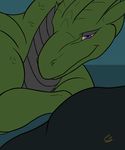  2018 ambiguous_gender bedding bedroom_eyes blanket blue_background digital_drawing_(artwork) digital_media_(artwork) dragon feral flat_colors getacednoob green_scales grey_scales half-closed_eyes horn line_art looking_at_viewer purple_eyes scales scalie seductive simple_background smile solo western_dragon 