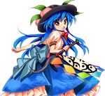  antinomy_of_common_flowers black_hat blue_hair blue_skirt bow diamond_(shape) food fruit harukawa_moe hat hinanawi_tenshi holding holding_sword holding_weapon leaf long_hair official_art peach puffy_short_sleeves puffy_sleeves red_bow red_eyes red_neckwear shirt short_sleeves skirt solo sword sword_of_hisou touhou transparent_background weapon white_shirt 