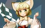  animal_ears blonde_hair bow bowtie cat_ears commentary detached_sleeves extra_ears gohei japanese_clothes kemono_friends looking_at_viewer miko open_mouth ribbon-trimmed_sleeves ribbon_trim sand_cat_(kemono_friends) short_hair solo upper_body welt_(kinsei_koutenkyoku) wide_sleeves yellow_eyes 