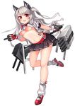  2drr :d animal_ears azur_lane bangs belt belt_buckle black_skirt blue_nails blush breasts buckle cannon commentary_request crop_top crop_top_overhang eyebrows_visible_through_hair fang fingerless_gloves fingernails full_body gloves grey_hair high_heels leaning_to_the_side long_hair looking_at_viewer loose_socks machinery medium_breasts midriff multicolored multicolored_nails nail_polish navel one_side_up open_mouth pleated_skirt purple_nails red_belt red_eyes red_footwear red_gloves red_nails school_uniform serafuku shirt shoes short_sleeves simple_background skirt smile socks solo standing standing_on_one_leg tail thick_eyebrows turret underboob very_long_hair white_background white_legwear white_shirt wolf_ears wolf_girl wolf_tail yuudachi_(azur_lane) 