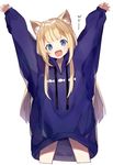  :d animal_ear_fluff animal_ears animal_print arms_up bangs blonde_hair blue_eyes blunt_bangs claw_pose commentary fangs fish_print hood hood_down hoodie legs_apart long_hair naked_hoodie open_mouth original oversized_clothes shugao sleeves_past_wrists smile v-shaped_eyebrows very_long_hair 