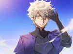  adjusting_hair armor blue_sky closed_mouth fate/grand_order fate_(series) galahad_(fate) grand_dobu hair_over_one_eye light_brown_hair looking_at_viewer male_focus sky upper_body yellow_eyes 