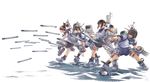  aiming black_hair black_sailor_collar black_skirt blue_sailor_collar blue_skirt braid brown_eyes brown_hair brown_sailor_collar brown_skirt fubuki_(kantai_collection) highres kantai_collection long_hair low_ponytail machinery mast miyuki_(kantai_collection) multiple_girls nogiguchi_kohiro pleated_skirt ponytail remodel_(kantai_collection) rigging sailor_collar shikinami_(kantai_collection) short_hair simple_background skirt smokestack standing standing_on_liquid torpedo torpedo_tubes turret twin_braids uranami_(kantai_collection) white_background 