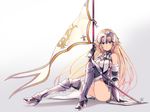  armor black_gloves blonde_hair blue_eyes closed_mouth fate/apocrypha fate/grand_order fate_(series) flag full_body gloves gradient gradient_background grey_background headpiece highres jeanne_d'arc_(fate) jeanne_d'arc_(fate)_(all) lee_seok_ho long_hair looking_at_viewer signature sitting smile solo 