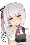  blush breasts commentary_request dress kantai_collection kasumi_(kantai_collection) long_hair long_sleeves looking_away open_mouth pinafore_dress remodel_(kantai_collection) ribbon shiyoo side_ponytail small_breasts translation_request 