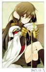  2017 aiguillette armband azur_lane bangs black_hair black_legwear black_skirt border brown_eyes closed_mouth commentary_request couch dated epaulettes eyebrows_visible_through_hair gloves hair_between_eyes holding holding_weapon horns japanese_clothes kimono kneehighs long_hair long_sleeves looking_at_viewer mikasa_(azur_lane) military military_uniform nanto_hanamaru pleated_skirt saber_(weapon) sitting skirt smile solo sword uniform wall weapon white_border white_gloves white_kimono 