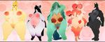  2018 anthro areola big_breasts blush breasts canine chest_tuft digital_media_(artwork) dog english_text female fluffy fluffy_tail fur group half-closed_eyes hi_res huge_nipples inner_ear_fluff inverted_nipples lineup looking_at_viewer mammal navel nipples nude open_mouth pussy simple_background smile standing sunibee sweat text thick_thighs tongue tongue_out tuft wide_hips 