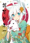  2018 ahoge animal_ears blue_eyes blue_nails braid chinese_zodiac commentary_request confetti crown_braid dog eyebrows_visible_through_hair floral_print flower hair_between_eyes hair_bun hair_flower hair_ornament hairclip happy_new_year japanese_clothes kimono long_sleeves looking_at_viewer minamura_haruki nail_polish new_year original smile solo white_hair wide_sleeves year_of_the_dog 