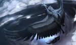  2013 ambiguous_gender avian beak black_feathers claws day detailed_background digital_drawing_(artwork) digital_media_(artwork) feathered_wings feathers feral flying gryphon grypwolf outside sky smile solo wings 