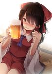  alcohol beer beer_mug blush bow brown_eyes brown_hair cup detached_sleeves drunk hair_bow hair_tubes hakurei_reimu highres holding holding_cup long_hair looking_to_the_side one_eye_closed open_mouth red_bow saliva sitting solo touhou toyosaki_shu 