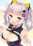  :d blue_eyes blush breasts cleavage cleavage_cutout eyebrows_visible_through_hair hair_ornament hairclip kaguya_luna kaguya_luna_(character) looking_at_viewer medium_breasts open_mouth sazaki_ichiri short_hair silver_hair sleeveless smile solo twintails upper_body virtual_youtuber 