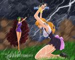  artist_request black_footwear breasts clouds dress earrings gloves grass green_hair hands_tied high_heels kneeling large_breasts lightning nami_(one_piece) one_piece open_mouth orange_hair rain tattoo watermark wet wet_clothes 