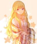  bangs blonde_hair blush closed_mouth collarbone floral_background fringe_trim high-waist_skirt jewelry long_hair long_sleeves looking_at_viewer natural_wind necklace original pink_skirt plaid purple_eyes shawl shirt skirt smile solo straight_hair upper_body wavy_hair white_shirt 