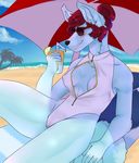  5_fingers beach beverage black_nose blue_fur blush breasts camel_toe canine clothed clothing eyewear female fox fur hair higglington_(artist) inner_ear_fluff looking_at_viewer mammal marina_the_kitune_(character) nipple_slip one-piece_swimsuit pussy red_hair seaside smile solo sunglasses swimsuit teeth thick_thighs 