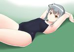  30-06 armpits bare_arms breasts competition_school_swimsuit green_background grey_hair hair_ribbon kantai_collection kasumi_(kantai_collection) long_hair looking_at_viewer lying one-piece_swimsuit ribbon school_swimsuit side_ponytail small_breasts solo swimsuit yellow_eyes 