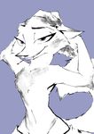  2018 anthro arctic_fox bedroom_eyes blue_eyes canine claws comic dirty disney featureless_chest female fox half-closed_eyes looking_at_viewer mammal match mostly_nude mouth_hold pinup pose seductive sketch skye_(zootopia) smile solo thewyvernsweaver zootopia 