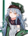  bangs blush breasts brown_eyes buckle coat collarbone collared_coat commentary deadpan eyebrows_visible_through_hair eyes_visible_through_hair g11_(girls_frontline) girls_frontline green_coat green_hat grey_shirt gun hair_between_eyes half-closed_eyes hat highres kuki_panda_(wkdwnsgk13) long_hair looking_at_viewer messy_hair off_shoulder open_clothes open_coat open_mouth scarf scarf_on_head shirt silver_hair simple_background sleeveless sleeveless_shirt small_breasts solo strap very_long_hair weapon 