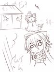  2koma 8| bow bowl chibi chopsticks closed_mouth comic expressionless eyebrows_visible_through_hair fire greyscale hair_between_eyes hair_bow hemogurobin_a1c holding holding_bowl holding_chopsticks hood hoodie long_hair monochrome o_o shirt short_sleeves skirt standing touhou upper_body yorigami_shion 