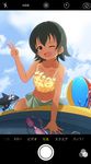  1girl artist_request black_hair blush flat_chest looking_at_viewer outside short_hair sur_board tagme tan_skin v wink 