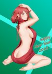  ! 1girl 2018 arms_up ass backless_outfit barefoot breasts butt_crack feet homura_(xenoblade_2) large_breasts looking_at_viewer new_year red_eyes red_hair short_hair sideboob solo sweater toes turtleneck_dress virgin_killer_sweater xenoblade xenoblade_2 