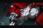  ambiguous_gender black_bars blue_eyes canine digital_drawing_(artwork) digital_media_(artwork) feathers feral fur grypwolf hair mammal red_feathers red_hair solo white_fur 