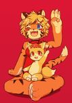  1boy 1girl blonde_hair blue_eyes fu-chan furry hanadaiteol one_eye_closed short_hair tiger 