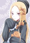  abigail_williams_(fate/grand_order) bangs black_bow black_dress black_hat blonde_hair blue_eyes blush borijoikun bow commentary_request dress fate/grand_order fate_(series) forehead grey_background hair_bow hat long_hair long_sleeves looking_at_viewer object_hug orange_bow parted_bangs parted_lips sleeves_past_fingers sleeves_past_wrists solo stuffed_animal stuffed_toy teddy_bear very_long_hair 