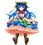  &gt;:) antinomy_of_common_flowers black_hat blue_hair blue_skirt boots bow bowtie brown_footwear buttons closed_mouth cross-laced_footwear diamond_(shape) dress_shirt eyebrows_visible_through_hair food frilled_skirt frills from_below fruit full_body harukawa_moe hat hinanawi_tenshi index_finger_raised lace-up_boots leaf long_hair looking_at_viewer looking_down official_art peach pointing pointing_at_viewer puffy_short_sleeves puffy_sleeves red_bow red_eyes red_neckwear shirt short_sleeves skirt smile solo straight_hair touhou transparent_background v-shaped_eyebrows white_shirt 