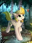  2018 arthropod black_eyebrows blonde_hair cutie_mark detailed_background digital_media_(artwork) equine eyebrows eyelashes feathered_wings feathers feral food forest fruit fur green_eyes green_hair green_tail grey_feathers grey_fur grey_wings hair hooves insect leaves male mammal multicolored_hair my_little_pony open_mouth outside pegasus pond quadruped smile solo strawberry tree two_tone_hair water wings yakovlev-vad 