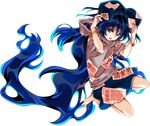  absurdly_long_hair antinomy_of_common_flowers bangs bare_legs barefoot blue_bow blue_eyes blue_hair blue_skirt bow bracelet debt fingernails full_body hair_bow harukawa_moe hood hoodie jewelry long_hair miniskirt official_art open_mouth skirt solo toenails torn_clothes touhou transparent_background very_long_hair yorigami_shion 