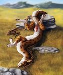  2018 brown_fur cheetahs_(artist) claws day digital_media_(artwork) dragon feral fur furred_dragon horn knot lying male on_back outside paws penis smile solo white_fur 