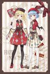 2girls alternate_costume bare_shoulders bat_wings beret black_gloves black_legwear blonde_hair blue_hair border bottle bow bowtie brown_border brown_footwear commentary_request dress drinking_straw ekita_xuan flandre_scarlet gloves happy_new_year hat hat_bow highres looking_at_viewer mary_janes multiple_girls new_year open_mouth puffy_short_sleeves puffy_sleeves red_bow red_eyes red_footwear red_hat red_shirt remilia_scarlet shirt shoes short_hair short_sleeves siblings side_ponytail sisters sleeveless sleeveless_dress smile stamp standing touhou white_gloves white_legwear wings 