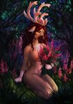  anthro antlers breasts cervine chest_tuft featureless_breasts female flower forest green_eyes hair horn jaizub kneeling long_hair looking_down mammal nude plant reindeer solo tree tuft 