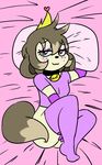  :3 arm_warmers armwear bed blush canine clothed clothing collar crown cute dog eyeshadow female green_eyes hair legwear looking_at_viewer lying makeup mammal mascara name_tag percey percey_(character) pillow purple_clothing smile solo stockings tiara 