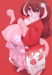  1girl 2018 aritst_request breasts brown_hair dog furry happy_new_year long_hair multiple_breasts nipples open_mouth solo violet_eyes 