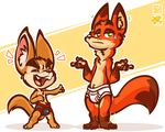  anthro black_underwear blush briefs bulge canine clothed clothing disney duo eyebrows eyes_closed finnick fox laugh lilchu male mammal nick_wilde open_mouth pointing pointing_at_another shrug sweat sweatdrop tighty_whities topless underwear white_underwear zootopia 