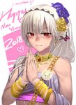  2018 altera_(fate) bandeau bangle bangs bare_shoulders blunt_bangs blush bracelet earrings fate/grand_order fate_(series) flower hair_flower hair_ornament happy_new_year i-pan jewelry necklace new_year nose_blush own_hands_together parted_lips red_eyes rose short_hair smile solo strapless tsurime two-tone_background upper_body veil yellow_flower yellow_rose 
