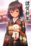  animal bangs black_hair black_kimono blurry blurry_background blush closed_mouth dark_skin depth_of_field eyebrows_visible_through_hair floral_print flower furisode hair_flower hair_ornament happy_new_year highres holding holding_animal japanese_clothes kimono long_sleeves looking_at_viewer momo_no_kanzume nail_polish new_year obi orange_eyes original paws pink_nails print_kimono raised_eyebrows sash shiny shiny_hair short_hair smile solo translated upper_body wide_sleeves 