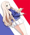  bc_freedom_military_uniform blonde_hair blue_jacket cake closed_mouth cowboy_shot drill_hair dutch_angle eyebrows_visible_through_hair eyes_visible_through_hair flag_background food fork france french_flag from_behind girls_und_panzer green_eyes holding jacket long_hair long_sleeves looking_at_viewer looking_back marie_(girls_und_panzer) pleated_skirt saucer skirt smile solo standing umekichi white_skirt 