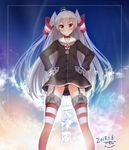  &gt;:) amatsukaze_(kantai_collection) ass_visible_through_thighs backlighting black_choker black_hat black_panties blush brown_eyes brown_shirt choker cloud dated garter_straps gloves hair_tubes hands_on_hips hat highres kantai_collection legs_apart long_hair long_sleeves looking_at_viewer masamuuu mini_hat morning no_pants outdoors panties pantyshot pantyshot_(standing) sailor_collar shirt signature silver_hair sky solo standing star_(sky) starry_sky straight_hair striped striped_legwear sunrise translation_request two_side_up underwear v-shaped_eyebrows very_long_hair white_gloves white_sailor_collar 